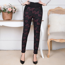 Winter middle-aged camel velvet womens cotton pants thicken warm mom inside and outside wear base elastic large size flower elastic high waist