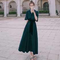 French retro dress womens summer 2021 new womens dark green long temperament waist thin high skirt