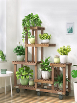 Multi-layer solid wood flower stand with wheels Floor-to-ceiling balcony Indoor living room space-saving flower pot potted wooden shelf