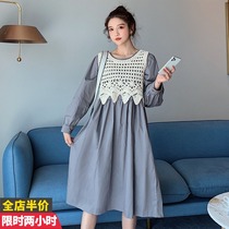 2021 Autumn Dress New Gestational Woman dress in Korean version chic Temperament Round Collar Bubble Cuff Knit Horse Chia Dress Dress