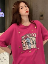 Dinosaur letter printed T-shirt female rose red 2020 Summer new loose 100 lapped Korean version round collar short sleeve blouse