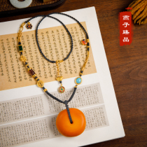 (Swallow Zhenpin) 30 89 grams of natural Old Beeswax buckle pendant gold enamel amber necklace for men and women