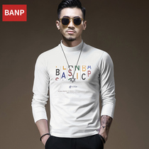 Autumn clothes mens semi-high collar long sleeve T-shirt Solid color small high collar middle collar autumn base shirt trend letter printing T-shirt