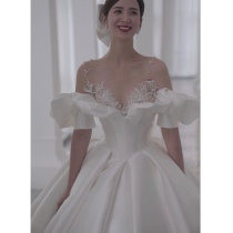 Satin main wedding dress bride 2022 new trailing French light go-out gauze female retro small one-shoulder