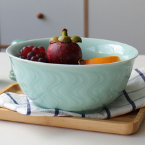 Chinese Creative Cutlery 68 Inch Large Size Soup Noodle Bowl Ceramic Sky Green Glazed Green Porcelain Home Dish Deep Salad Bowl Soup Basin