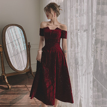 Word shoulder wine red bridal toast dress 2021 new normal can wear small dress dress banquet temperament