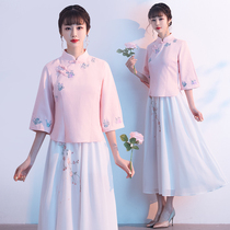 Hanfu Chinese style literature and art retro Republic of China Tang Dress Womens tea dress womens suit two-piece summer dress Pink teahouse dress