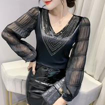 European station autumn winter new sexy V-collar T-shirt woman long sleeve fashion hot and drilled mesh yarn splicing blouse foreign air undershirt