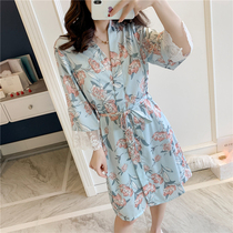 Spring Summer Ladies Day Department and Sleeping Skirt Long Sleeves Lace Emulated Silk Sexy Bathrobe Women Sweet And Broken Pajamas