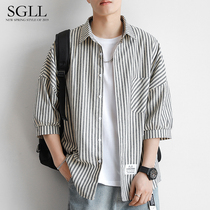 Hong Kong Chauding striped shirt Male short sleeve Summer jacket Korean version Trend handsome casual loose 70% sleeve shirt