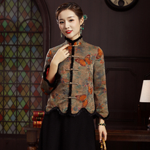 Huahua Classic Flower Luo Xiangyun Cloud yarn Chinese style disc buckle Down with female clamping cotton thickened winter-style cardiovert blouse