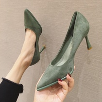 A D Hepburn suede pointed toe high heels womens 2022 new shallow stiletto black commuter professional shoes