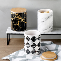 Nordic ceramic storage cans Sealed cans Candy snack cans Wooden lids Marbled home decoration ornaments