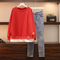 Big woman high-end large size womens clothing 2020 early autumn new fat mm thin Western style sweater jeans two-piece suit