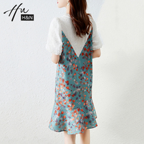 iFashion light luxury women women lace stitching fake two-piece dress bubble sleeve ruffles slim skirt