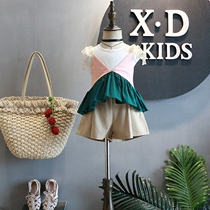 Brand childrens clothing 2018 summer clothing new womens clothing hipster fake two pieces design A lace belt short sleeve small top