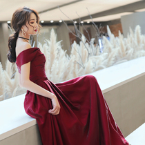 Toast dress bride 2021 spring modern little man simple atmosphere summer noble one-shoulder red evening dress