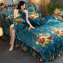 Bedding autumn and winter warm flannel bed skirt four-piece set thickened coral velvet quilt cover plus velvet sheets