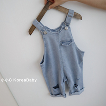 Loose ripped denim straps five-point pants Korean baby childrens clothing Mens and Womens childrens baby loose pants