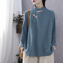 Han Suoyi Art Retro Spring and Autumn Loose Crewneck Cotton and Linen Long Sleeve Turtleneck Button T-shirt Women's National Style Jacket