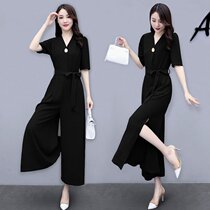 High-waisted slim split-body pants womens summer 2020 new celebrities temperament wide-leg pants set conjoined clothes tide tide