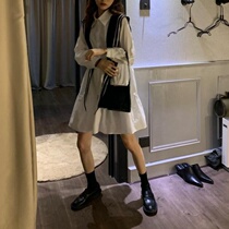 Two-piece suit French style navy collar dress 2021 new loose and slim temperament sweatshirt shawl shirt dress