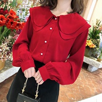 Lotus Leaf Side Snowspinning Shirt Spring Autumn Womens Clothing 2022 New Korean Version Foreign Air Doll Collar Long Sleeve Snow-spinning Jersey Undershirt