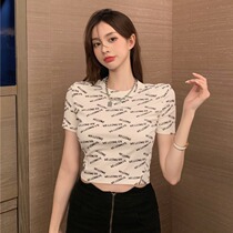 celine pianna letter short sleeve T-shirt female summer new Korean version sashimi 100 lap collar short blouse