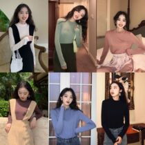 SYT Hong Kong style chic all-match long-sleeved bottomed t-shirt womens semi-high neck early spring slim slim solid color inner top