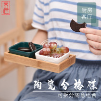 Wo craftsman New Product split fruit plate bamboo ceramic dried fruit snacks living room coffee table sugar kitchen sauce vinegar dish