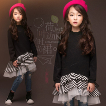 Korean womens dress dress autumn new cotton striped stitching ruffle skirt big childrens dress
