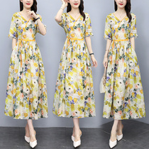 Cotton Linen Dress Dress Woman 2022 Summer New Fashion V Collar Big Code Draw Rope Large Swing Retro Art Printed Long Dress