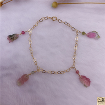 New cat shop owner customized watermelon two-color tourmaline small goldfish imported 14K gold heart-shaped bracelet