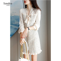 sandro selen niche design stitching incense V-neck lace-up wooden ear elegant commuter dress