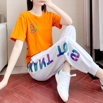 Tide brand CVY sports suit female 2021 new leisure short sleeve summer loose thin model age reduction Korean version two-piece set