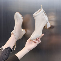High heels woman 2022 new summer coarse heel with single shoe Martin boots short boot thin hollow mesh yarn cool boots