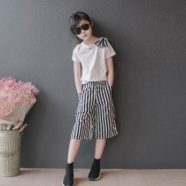 Girls summer suit pure cotton new middle and big children foreign style fashionable summer girl treasure Korean striped wide-leg pants 15 years old