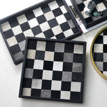 Horsehair black and white checkerboard tray ins wind porch desktop key watch jewelry storage box light luxury high-end