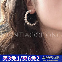 Cotton sliver worm Super fairy exaggerated pearl earrings female temperament Korean personality Joker Net red earrings ear clip earring ear clip without ear hole ears