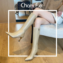 All cowhide apricot boots leather but knee boots womens autumn and winter models pointed high-heeled high-heeled high-tube boots 006H