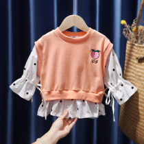 Girls 2021 new childrens fake two-piece long-sleeved top female baby spring and autumn thin tide children spring clothes