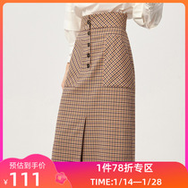 LILY winter new womens fashionable retro plaid high waist straight skirt with slits over the knee skirt