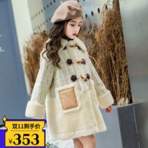 Girls lamb coat 2021 autumn and winter New Korean loose medium length thick childrens plaid mosaic coat