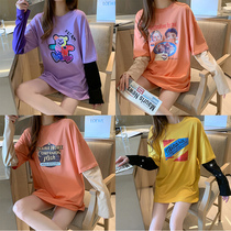 2022 original juku fitted with new long sleeves fake two pieces of letters printed T-shirt skirts female students loose Korean version of blouses