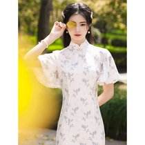 Purple floral cheongsam short summer young girl temperament retro small man slim modified version dress
