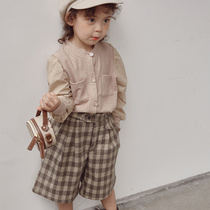 Fashion childrens pants girls shorts foreign style Joker loose plaid leather band belt cotton leisure Korean autumn and winter