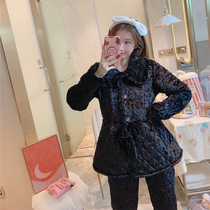 2021 New Winter Triple Clip Cotton Thickened Fleece Lady Pyjamas Coral Gold Drilling Suede Butterfly Knot Home Suit Suit