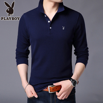  Playboy spring mens long-sleeved t-shirt solid color lapel top middle-aged loose cotton bottoming polo shirt men