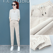 Corduroy womens pants loose autumn and winter 2020 new high waist feet casual Haren pants thick stripy father pants