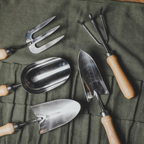 Wooden handle stainless steel loose soil small shovel wide shovel rake three-piece set small three-claw set transplant transfer pot flower tool